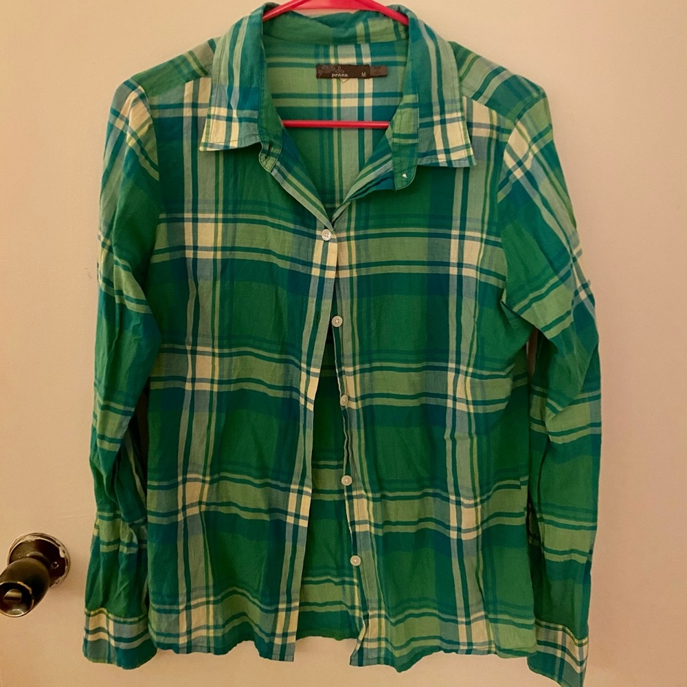 prAna Green Plaid Button down top